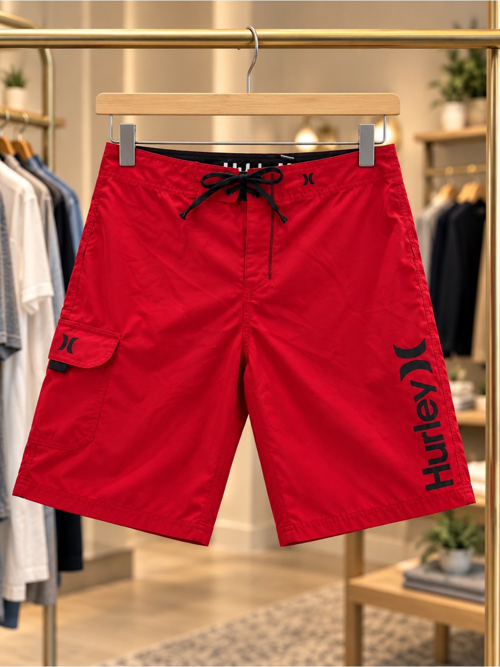 Hurley Men’s Red Board Shorts with Black Drawstring